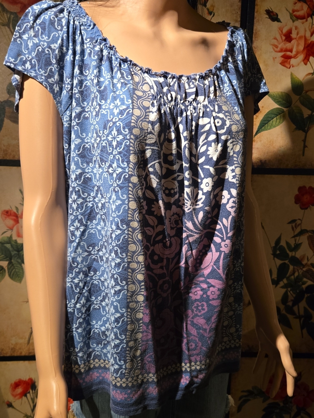 Blue Patterned Women's Short Sleeve Peasant Top 1x: A